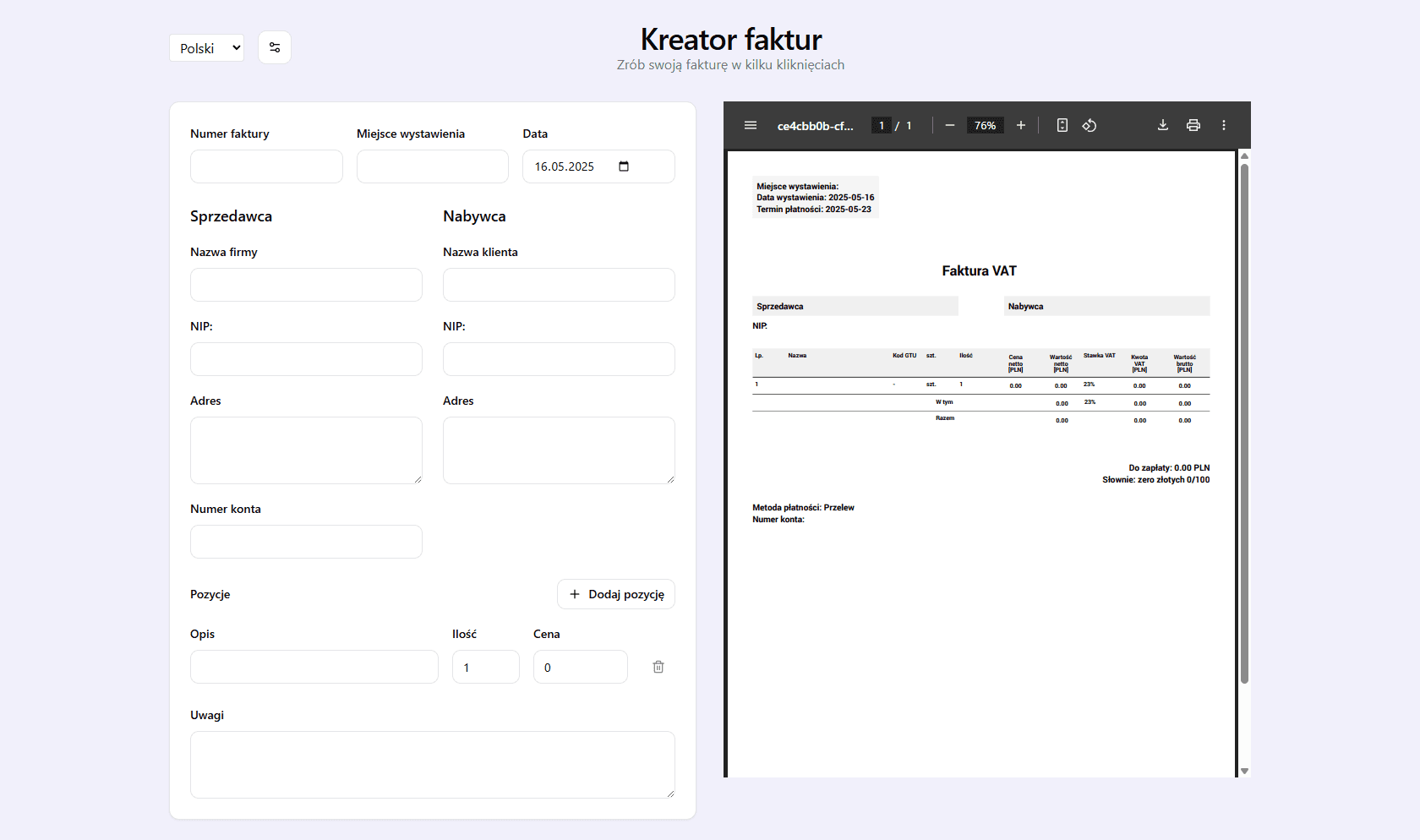 Kreator Faktur - projekt strony internetowej stworzonej przez agencję Mainly. Intuicyjne narzędzie do generowania faktur VAT