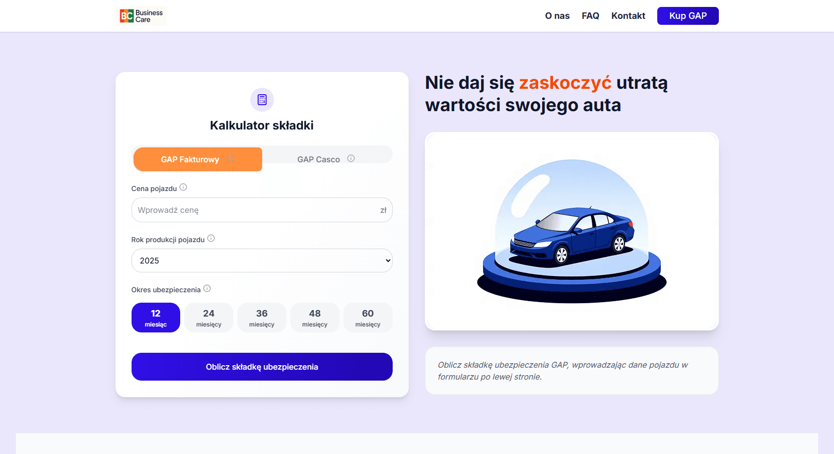 Kalkulator GAP - projekt strony internetowej stworzonej przez agencję Mainly. Kalkulator ubezpieczeniowy z intuicyjnym interfejsem