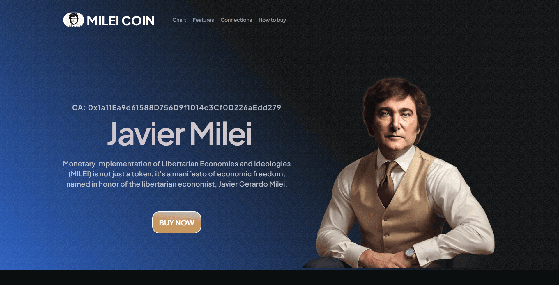 Coin Milei - projekt strony internetowej stworzonej przez agencję Mainly. Dynamiczna strona one-pager dla kryptowaluty $MILEI inspirowanej Javierem Milei.