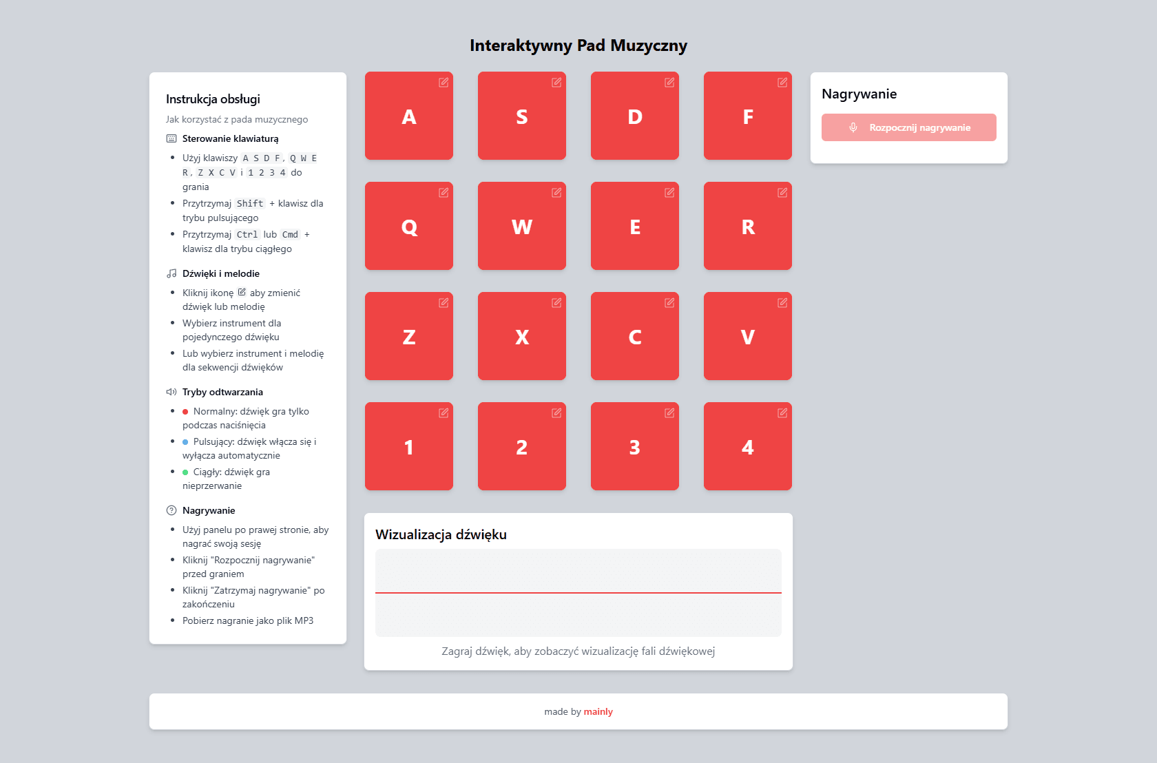 Interaktywny Pad Muzyczny - projekt strony internetowej stworzonej przez agencję Mainly. Kreatywne narzędzie do tworzenia muzyki w przeglądarce